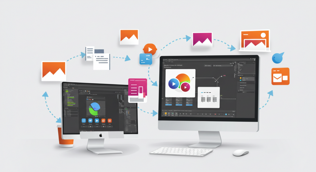 Creative Tools and DAM Integration Workflow for Design Teams Creative design workflow showing seamless integration between digital asset management system and design software with assets flowing between platforms.