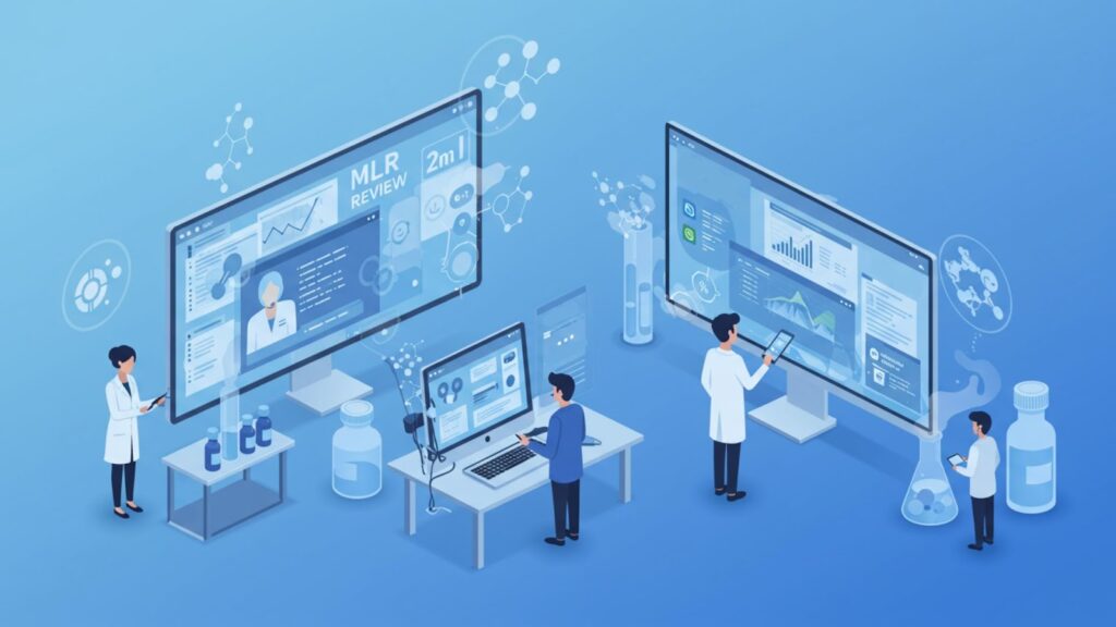 Pharmaceutical MLR Compliance and DAM Integration Pharmaceutical professionals using digital asset management for MLR compliance and regulatory review workflows.