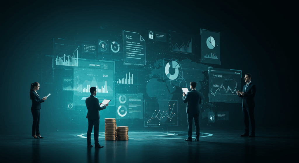 Financial DAM Tools for SEC Compliance and Regulatory Reporting Excellence Financial services professionals using a digital asset management platform showing SEC compliance reporting and audit trail capabilities.