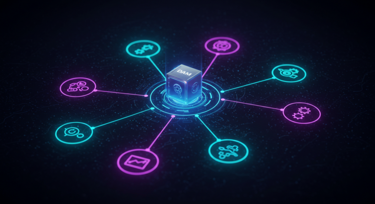 Digital asset management integration ecosystem showing central DAM hub connected to eight different technology platforms.