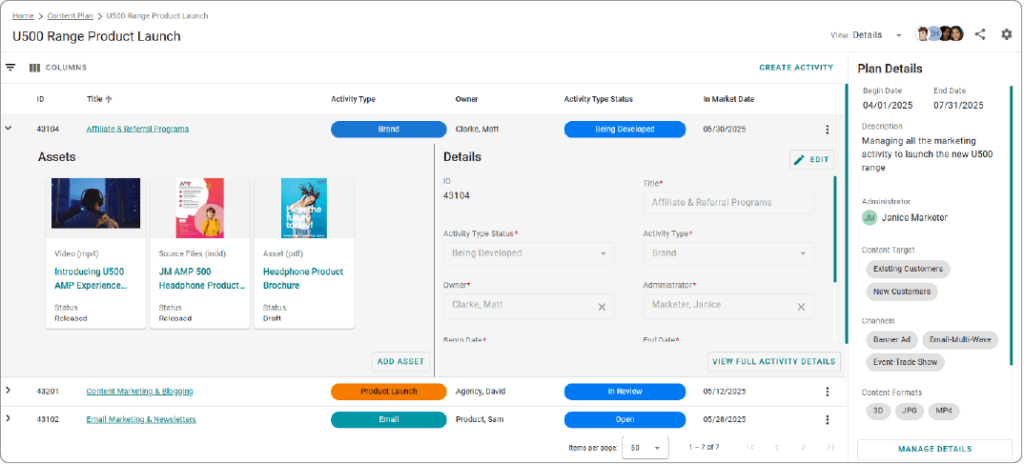 Aprimo Content Plananing Porduct Screen