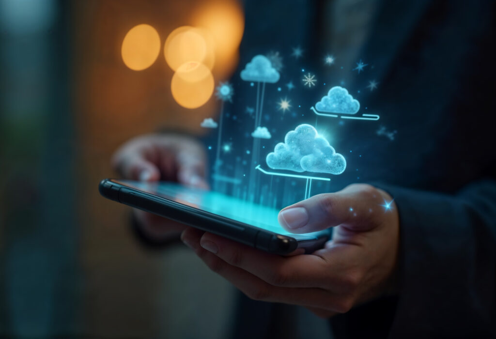 person holding an ipad with graphics representing Cloud Digital Asset Management