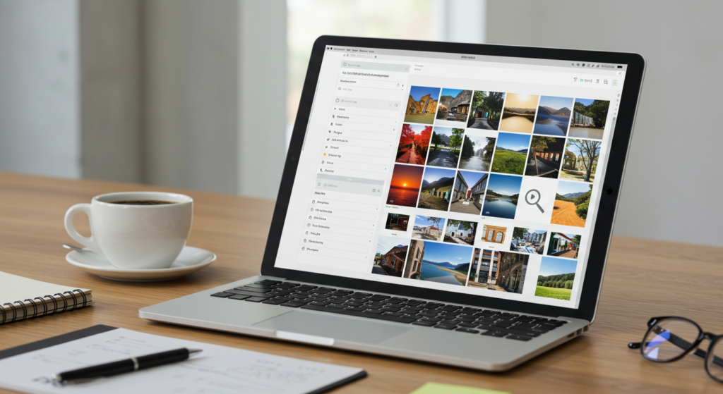 Modern device displaying organized digital asset management system with structured content library and search capabilities.