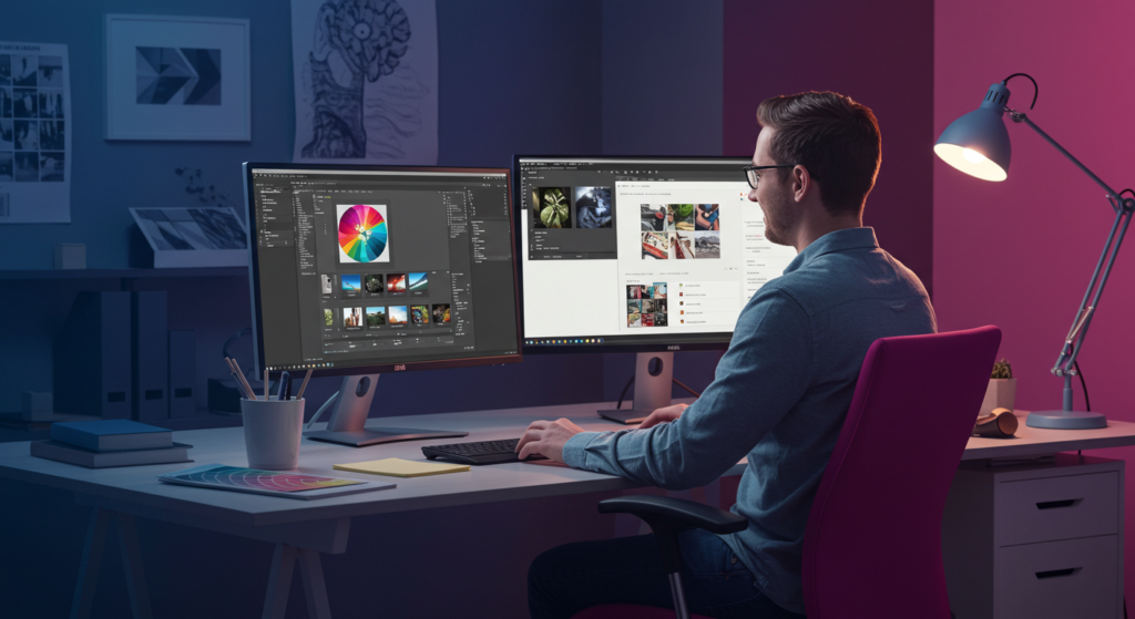 Creative professional efficiently finding and accessing digital assets through organized DAM system interface.