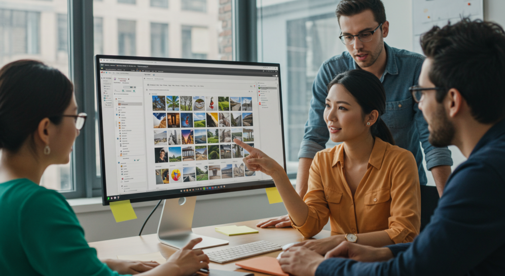 Marketing team collaborating around computer screen showing organized digital asset management system interface.
