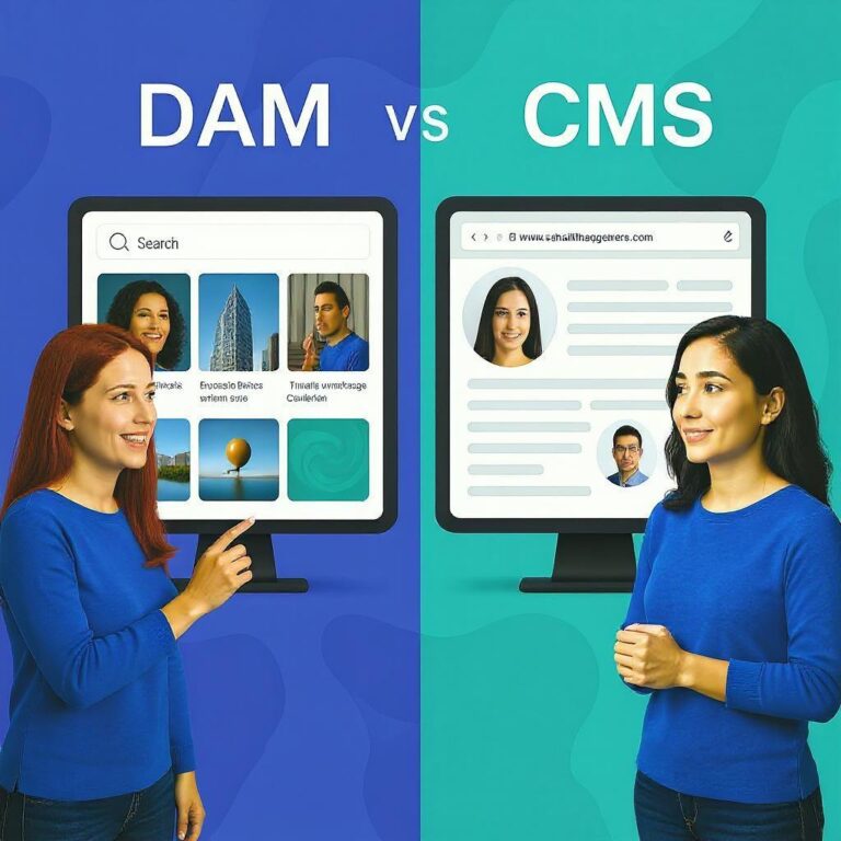 Split-screen comparing digital asset management tools with CMS software.
