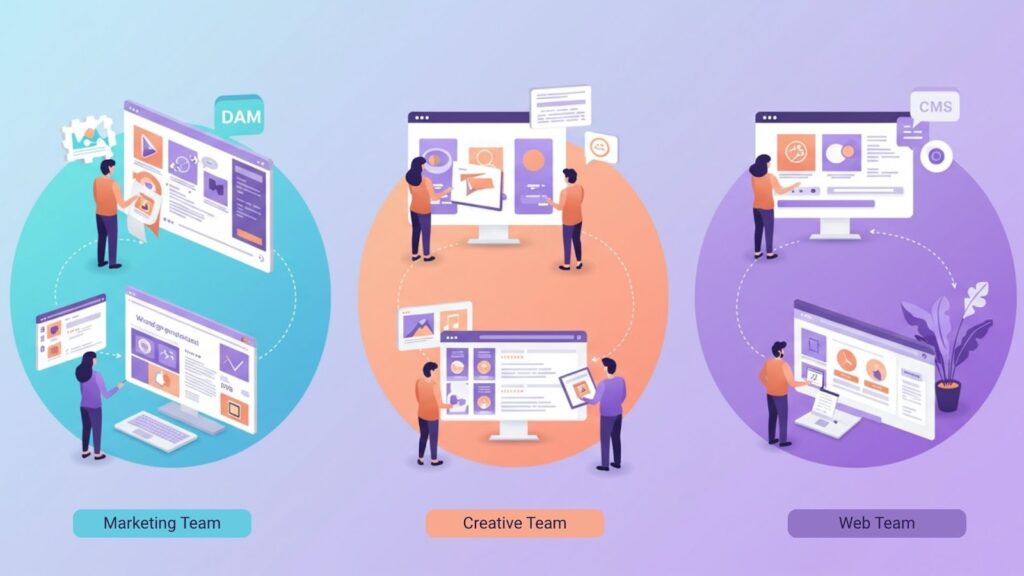 Cross-functional teams collaborating through integrated digital asset management tools and CMS platforms.