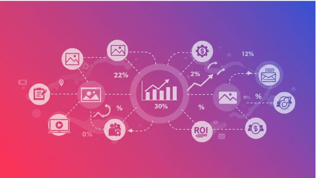 Interconnected assets and performance metrics showing digital asset management ROI.