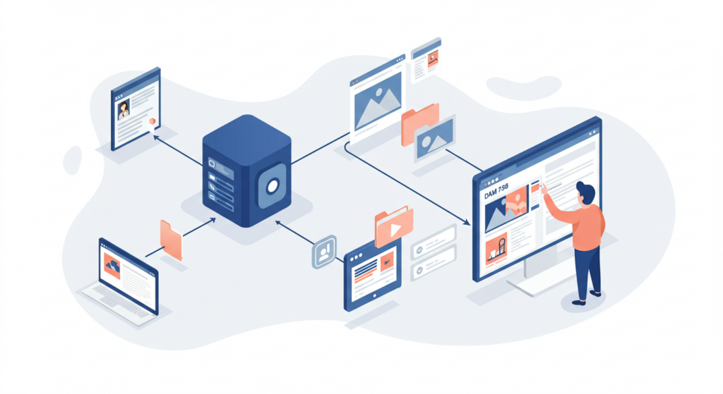 Digital asset management tools integrating with CMS platforms showing automated content workflow.