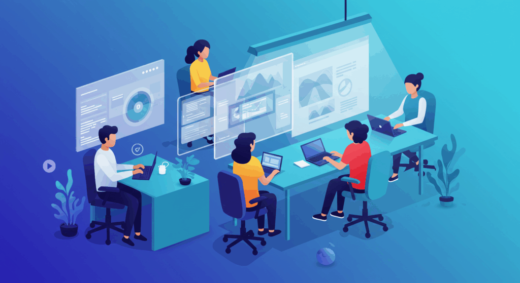 Efficient Team Collaboration Through Streamlined DAM Workflows Marketing teams collaborating efficiently in modern workspace showing DAM productivity benefits.