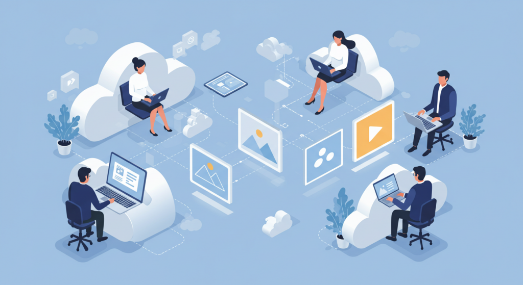 Global Collaboration Platform Cloud digital asset management platform enabling global team collaboration with floating digital assets and seamless file sharing.