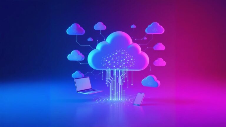 Modern cloud storage visualization with interconnected digital nodes representing AI-powered digital asset management platform