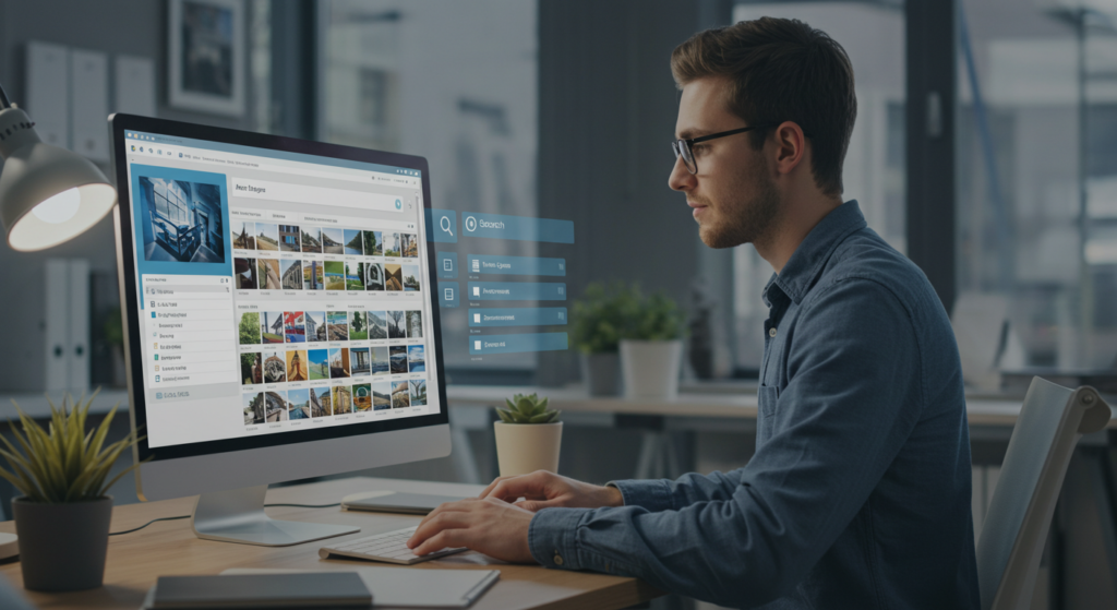 Employee using a digital asset management platform, showing organized files, search functionality, and workflow features.