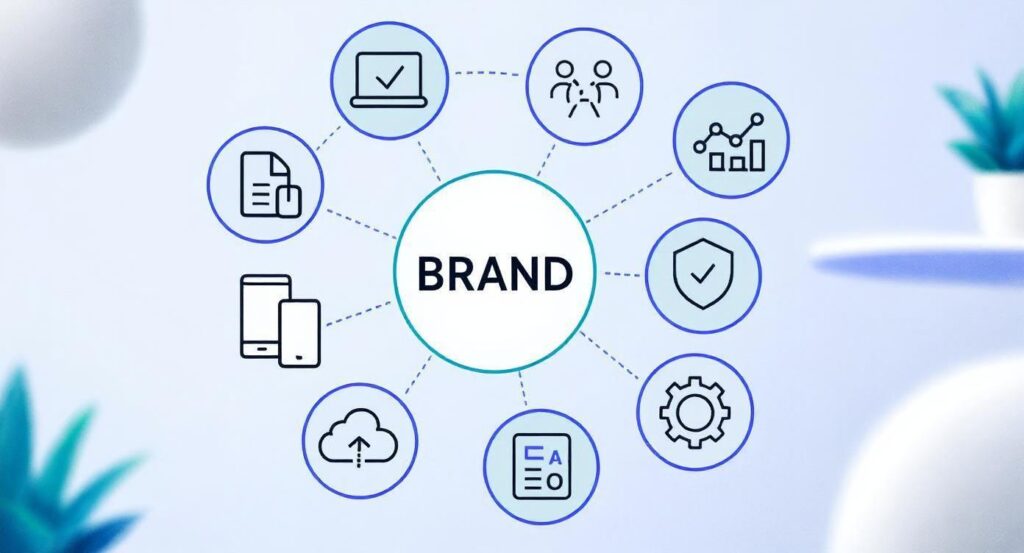 How Digital Asset Management Ensures Brand Consistency and Integrity Infographics of brand integrity and consistency management across multiple marketing channels and digital touchpoints.