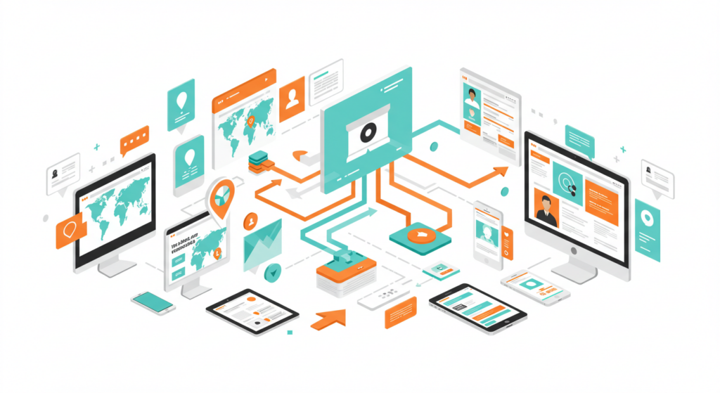 Scalable Content Personalization A single piece of content branching out into different forms, illustrating how enterprise content personalization scales across multiple channels and user segments.
