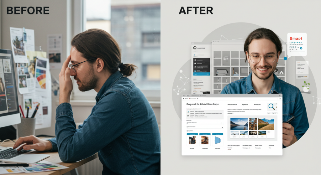 AI-Powered DAM Implementation Workflow Transformation Before and after comparison showing AI-powered DAM implementation transforming chaotic file management into organized digital workflows.