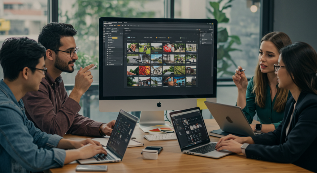 Marketing team successfully collaborating using organized digital asset management system with streamlined workflows.
