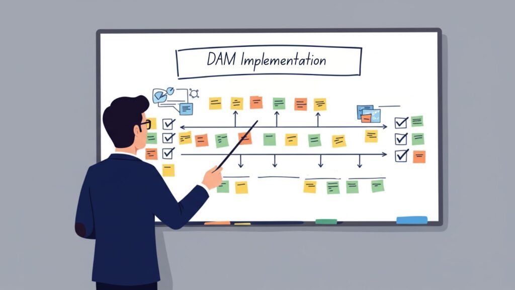 Digital Asset Management Implementation Plan Project manager presenting successful digital asset management implementation plan with organized roadmap.