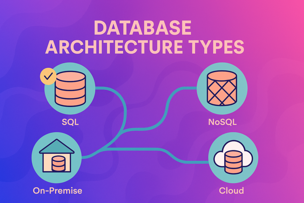 Digital Asset Management Database Types Database architecture types for digital asset management systems showing SQL, NoSQL, cloud, and on-premise options.