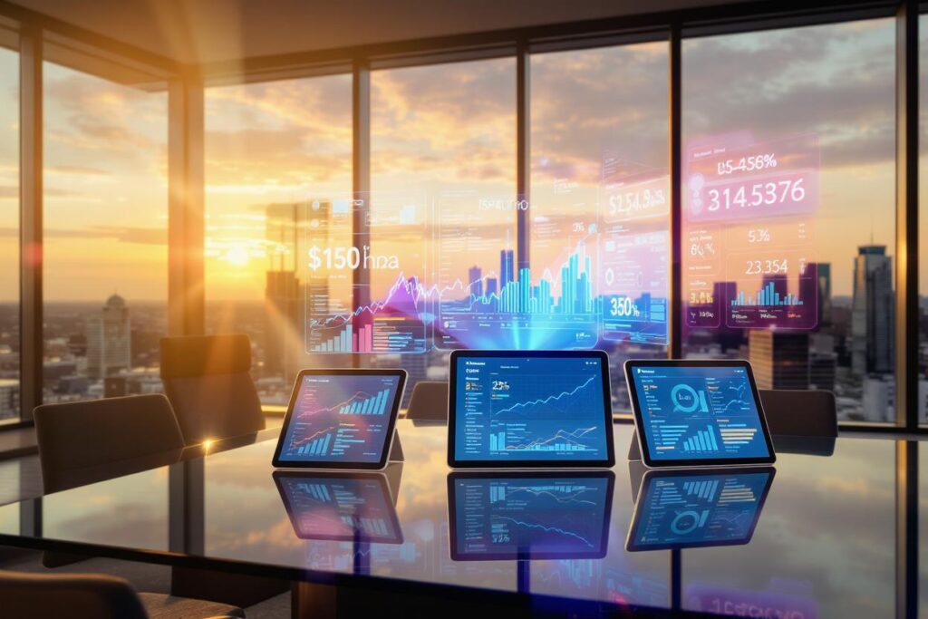 Sophisticated boardroom setting with digital devices displaying DAM pricing analytics and holographic data projections