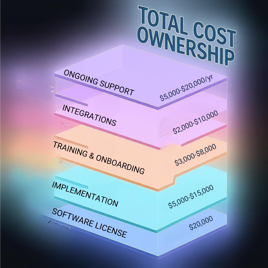 DAM Hidden Costs Breakdown - Complete Total Cost of Ownership Analysis for Digital Asset Management Layered infographic showing complete DAM total cost of ownership including hidden implementation and support fees
