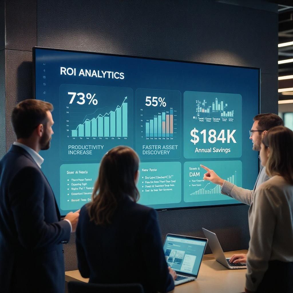 DAM ROI Analysis - Measuring Digital Asset Management Business Impact and Productivity Gains Business team analyzing DAM ROI metrics on large display showing productivity gains and cost savings