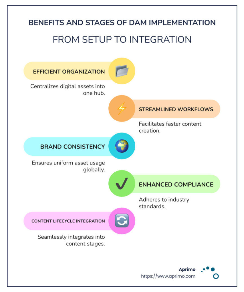 Infographic outlining the benefits and stages of DAM implementation, illustrating the process from setup to integration, with visual elements depicting organization, storage, and retrieval of digital assets alongside icons representing collaboration, brand consistency, and compliance. - DAM implementation