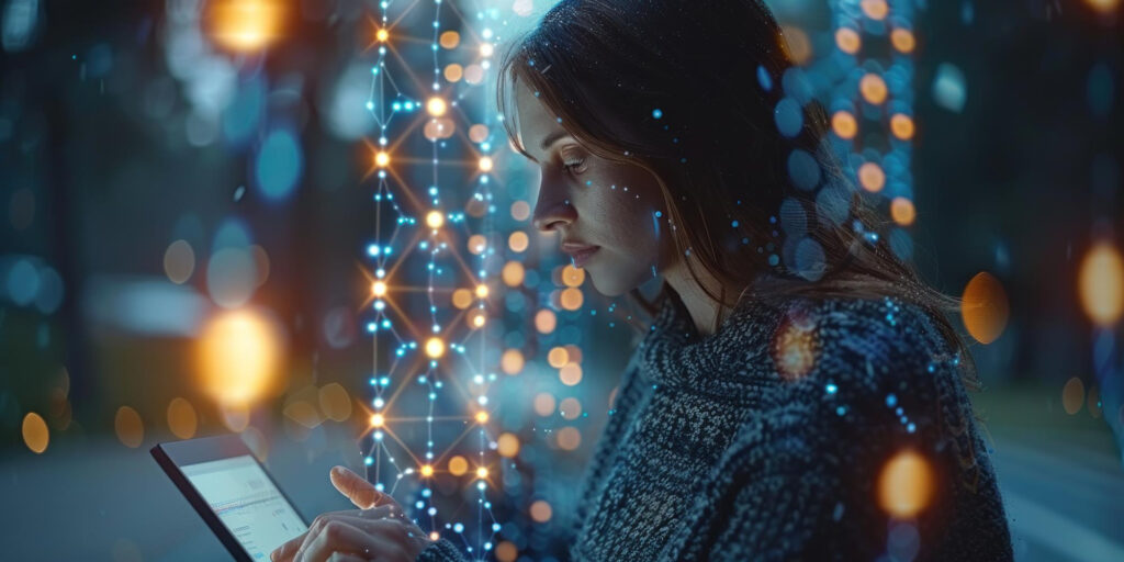 A woman looking at her tablet with the lights on her face to represent Real-World Applications of Content Intelligence
