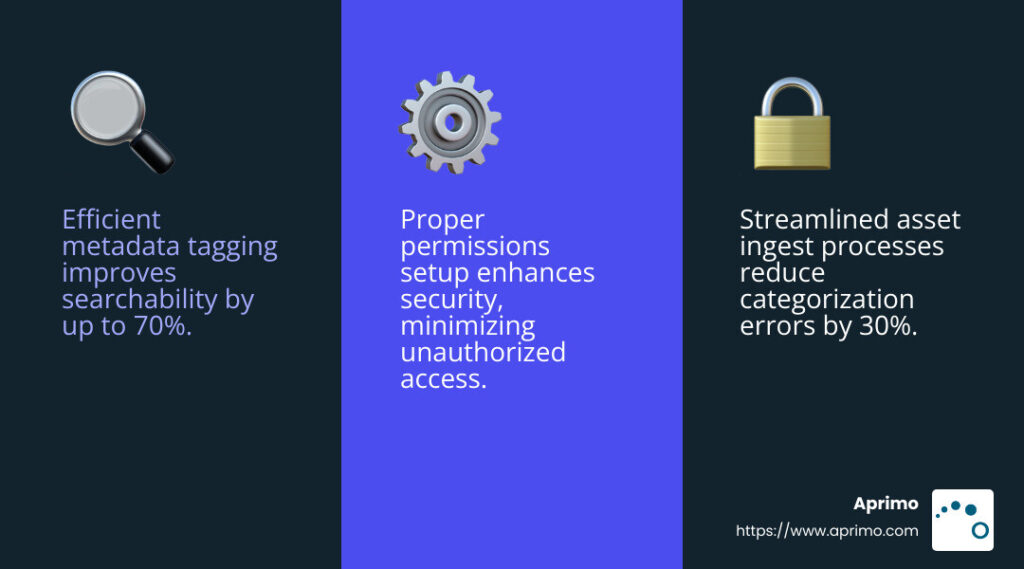 DAM librarians infographic to show how Digital Asset Management Librarians ensure assets are easily searchable and secure, boosting productivity and protecting investments