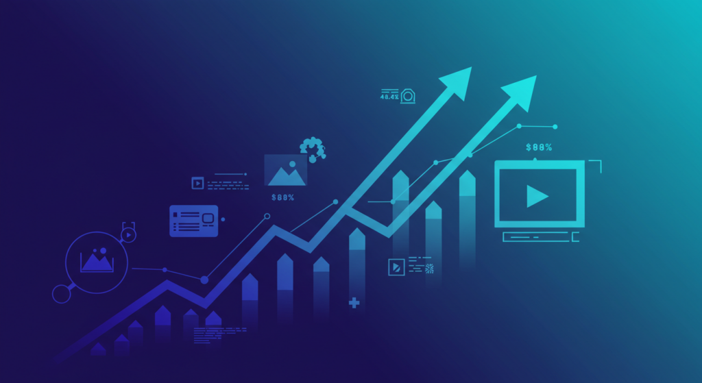 Enterprise DAM ROI and Business Performance Outcomes Upward-trending graph showing how digital asset management drives business growth and performance metrics.