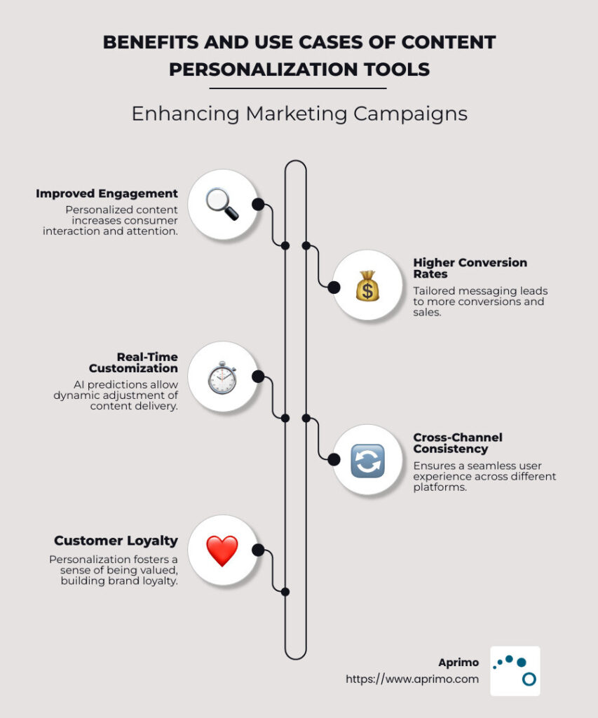 Benefits and Use Cases of Content Personalization Tools Infographic of content personalization tools benefits and how they enhance marketing campaigns, including improved engagement, higher conversion rates, real-time customization, cross-channel consistency, and customer loyalty.