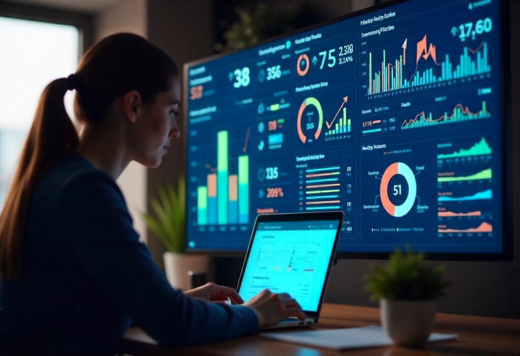 Real-Time Analytics for Content Personalization A woman sits in front of a large dashboard displaying real-time analytics and content personalization tools.