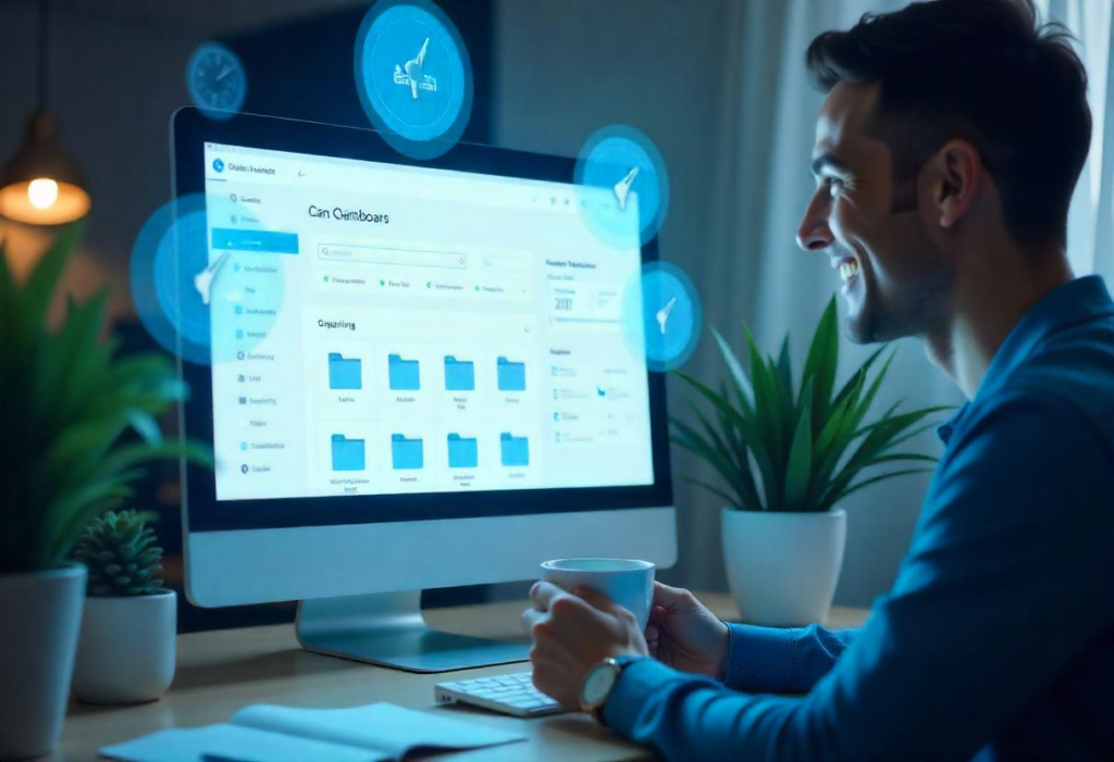 Organized Marketing Assets A marketing professional sits in front of his computer screen, showing organized files of digital marketing assets. Graphics illustrate the time saved and efficient workflows.