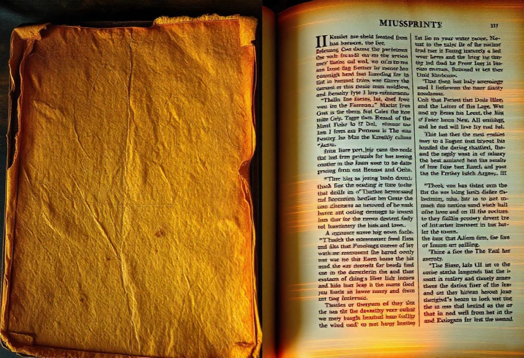 AI for Digital Restoration A split-image showing an old, faded manuscript alongside a digitally restored version, highlighting how AI-powered digital asset management for museums can preserve cultural artifacts.