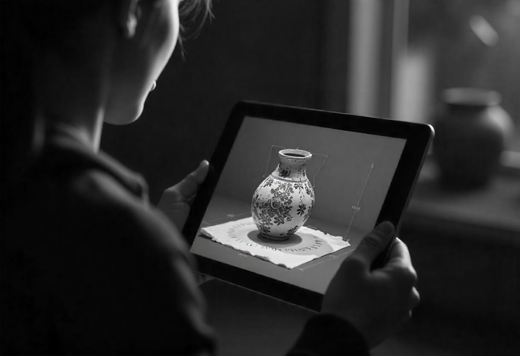 Virtual Tours for Museum Visitors A person engaging with a virtual tour on a tablet, showing an interactive 3D model of a historical artifact, emphasizing digital asset management for museums.