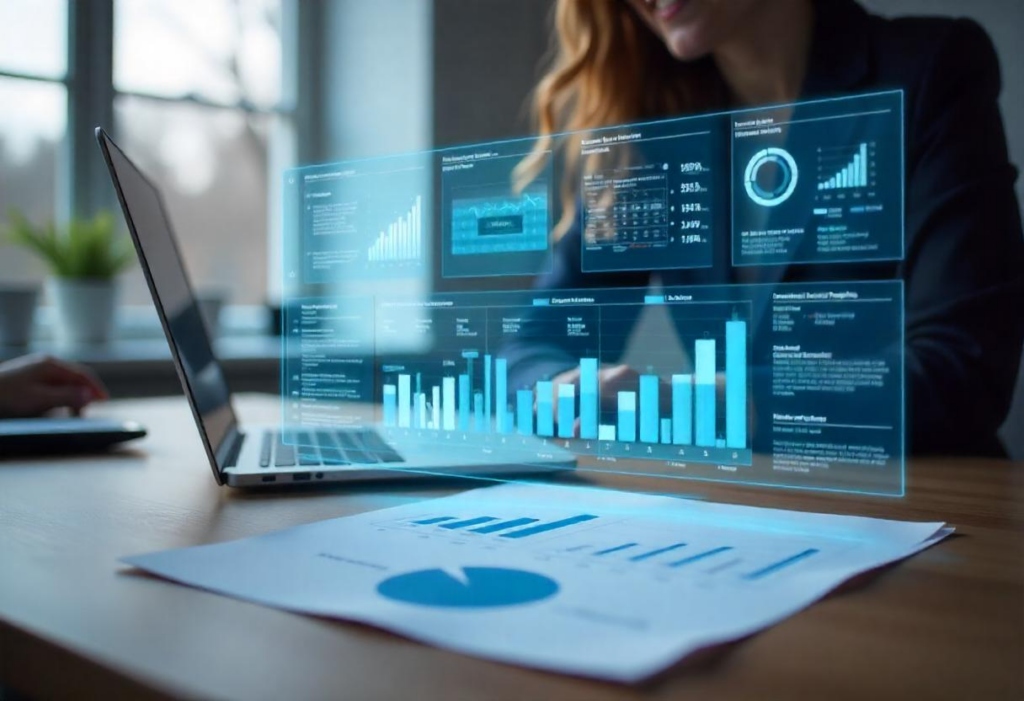 AI Marketing Insights An AI dashboard visualized as an augmented reality overlay on a physical personalized marketing strategy report, showing real-time data insights.