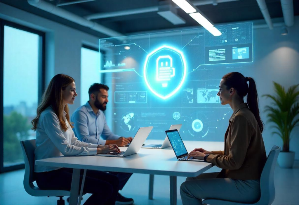 Team Collaboration with AI An AI-powered centralized system displayed on a holographic interface in an office. Multiple users collaborate, accessing and distributing content with devices, showcasing personalized content marketing ROI.