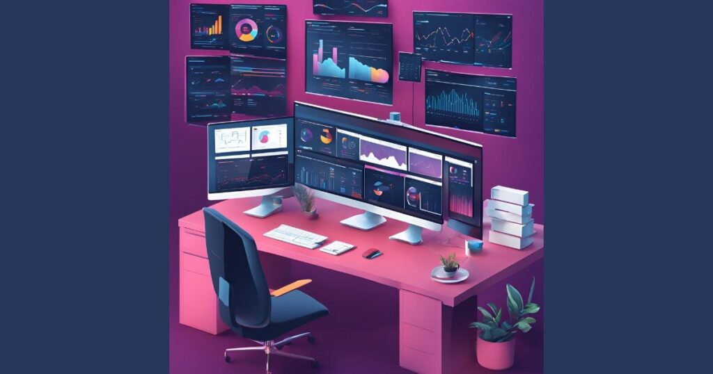 Content Intelligence Graphic depicts a content creator working on a laptop while a machine automates processes in the background, illustrating the value of automation in content operations.