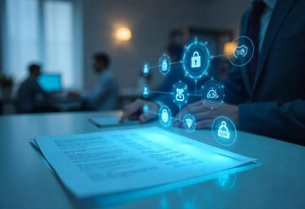 AI Automation Holographic automation icons floating above a document in front of a professional using AI tools for content review with intelligence.