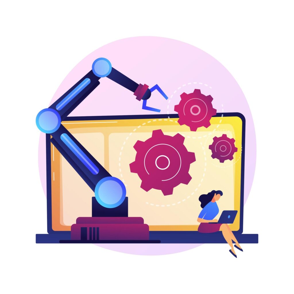 Automating Creativity in Content Ops Graphic depicts a content creator working on a laptop while a machine automates processes in the background, illustrating the value of automation in content operations.