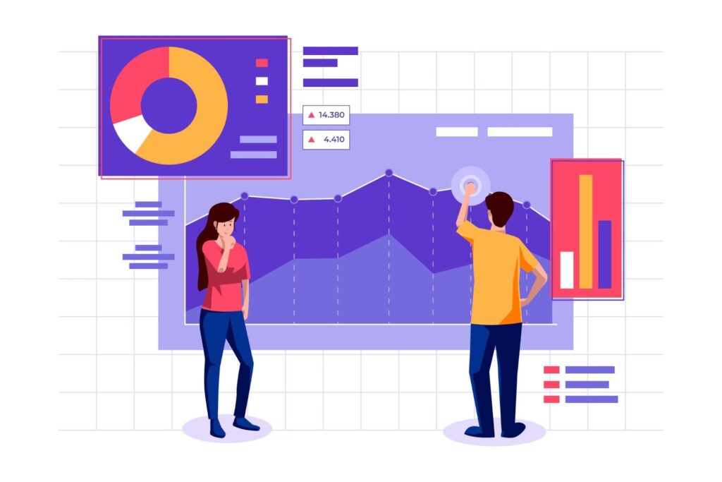 Data-Driven Insights Graphic depicts two professionals making decisions and working with analytics, illustrated by graphs and charts, representing the benefits of content review with intelligence.
