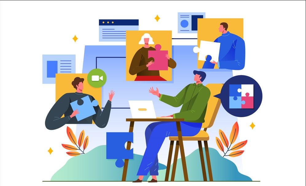 Team Collaboration with Digital Asset Management Graphic illustrations professionals from multiple teams collaborating on video assets from different locations, highlighting businesses' need for digital asset management for video.