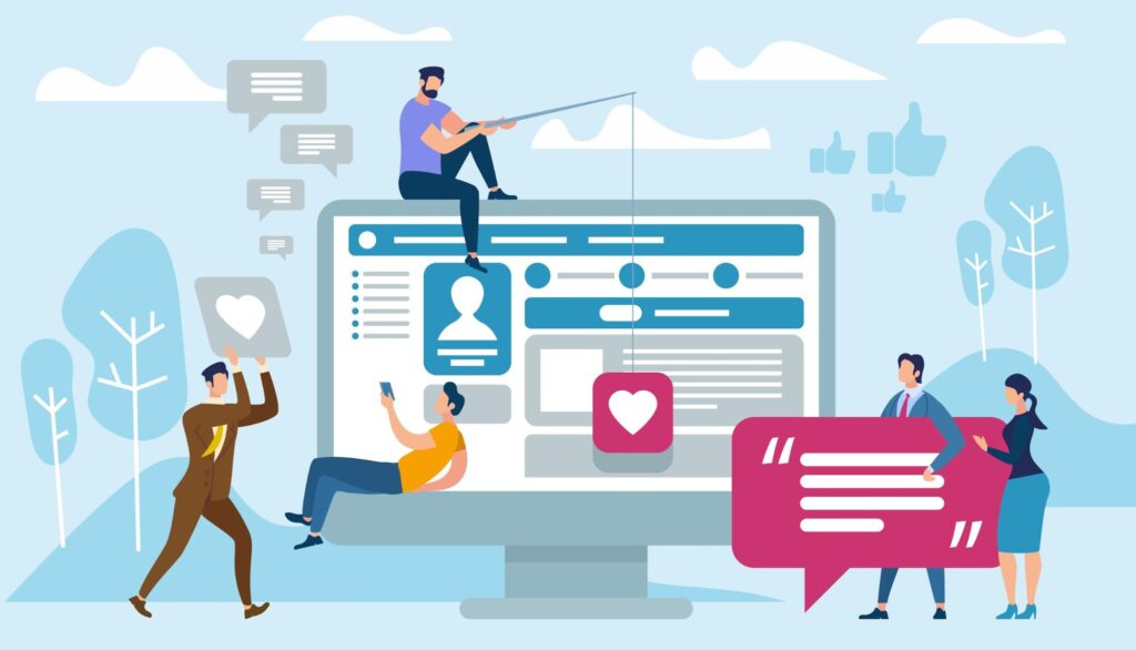 Content Personalization Illustration of marketing and creative teams producing personalized campaigns using content review with intelligence based on user behavior.