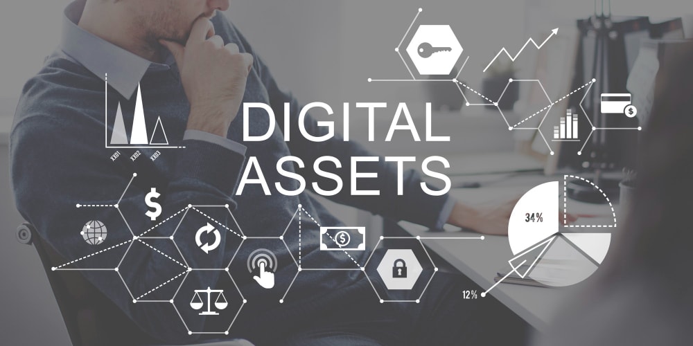 Digital Asset Lifecycle A business professional works at his computer. The foreground features icons representing digital assets with interconnected lines, illustrating how digital asset management for video supports lifecycles.