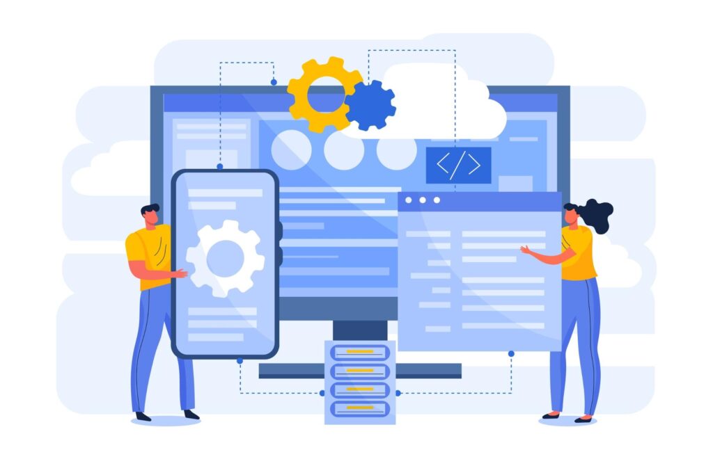 DAM Integrations Graphic illustrates professionals working with integrated software and tools, a major benefit of digital asset management for video.