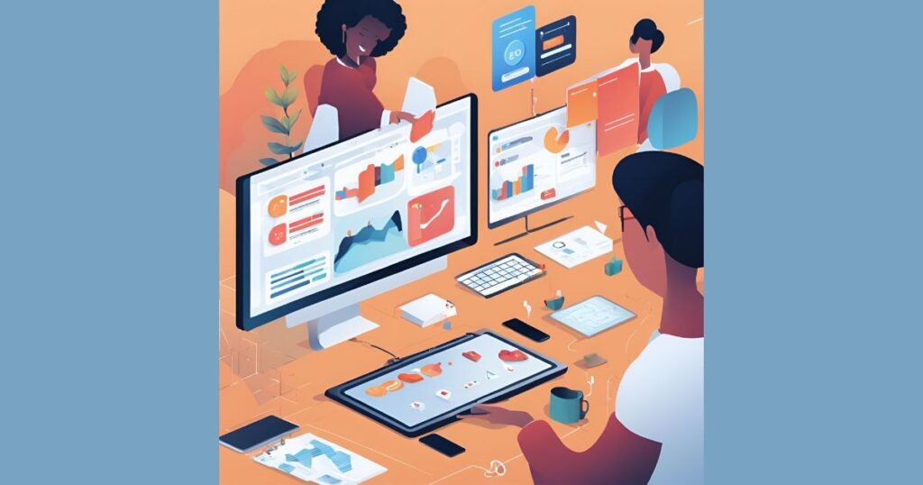 Graphic illustrates a marketing team collaborating on a brand campaign using a centralized brand management platform, with brand governance tools like real-time approval notifications and compliance checks.