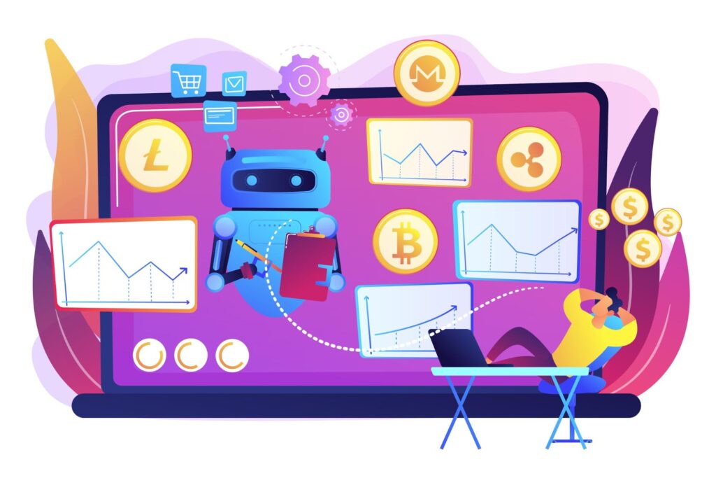 AI DAM System Graphic depicts a content creator working on a laptop while a machine automates processes in the background, illustrating the value of automation in content operations.
