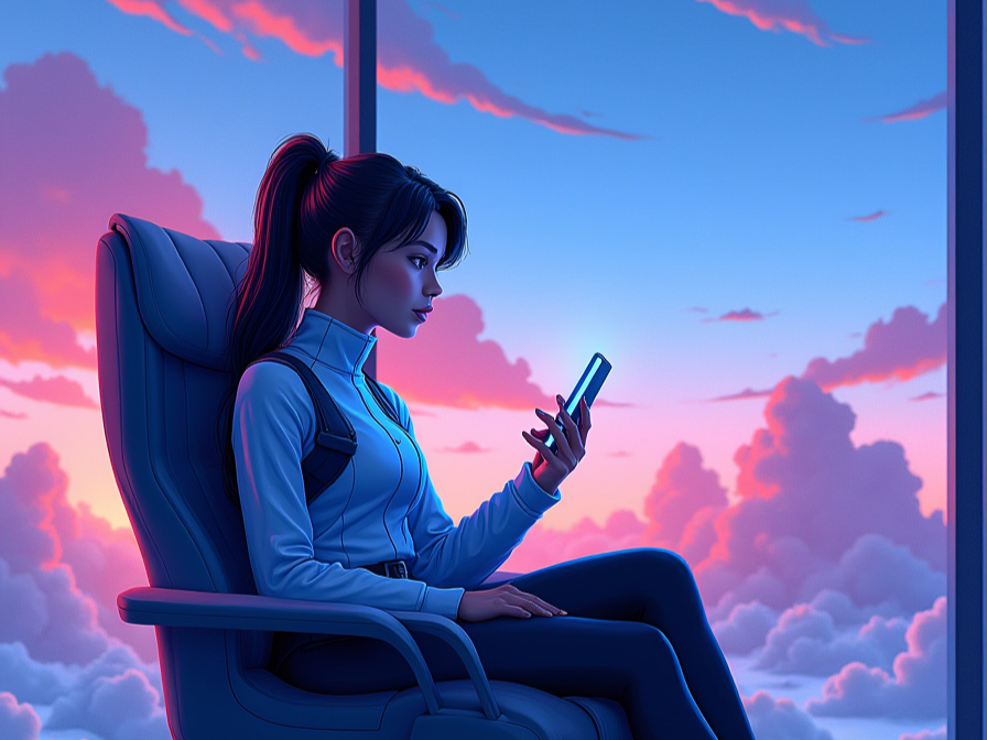 A woman siting on a desk chair reviewing content on her phone