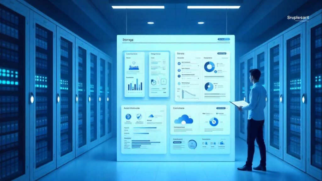 Scalable Cloud-Based Digital Asset Management A digital interface showing scalable cloud storage and asset lifecycle management in a digital asset management system.