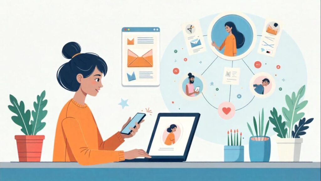 Omnichannel Personalized Marketing Experience A consumer engaging with personalized content marketing across multiple channels, including web, email, and social media.